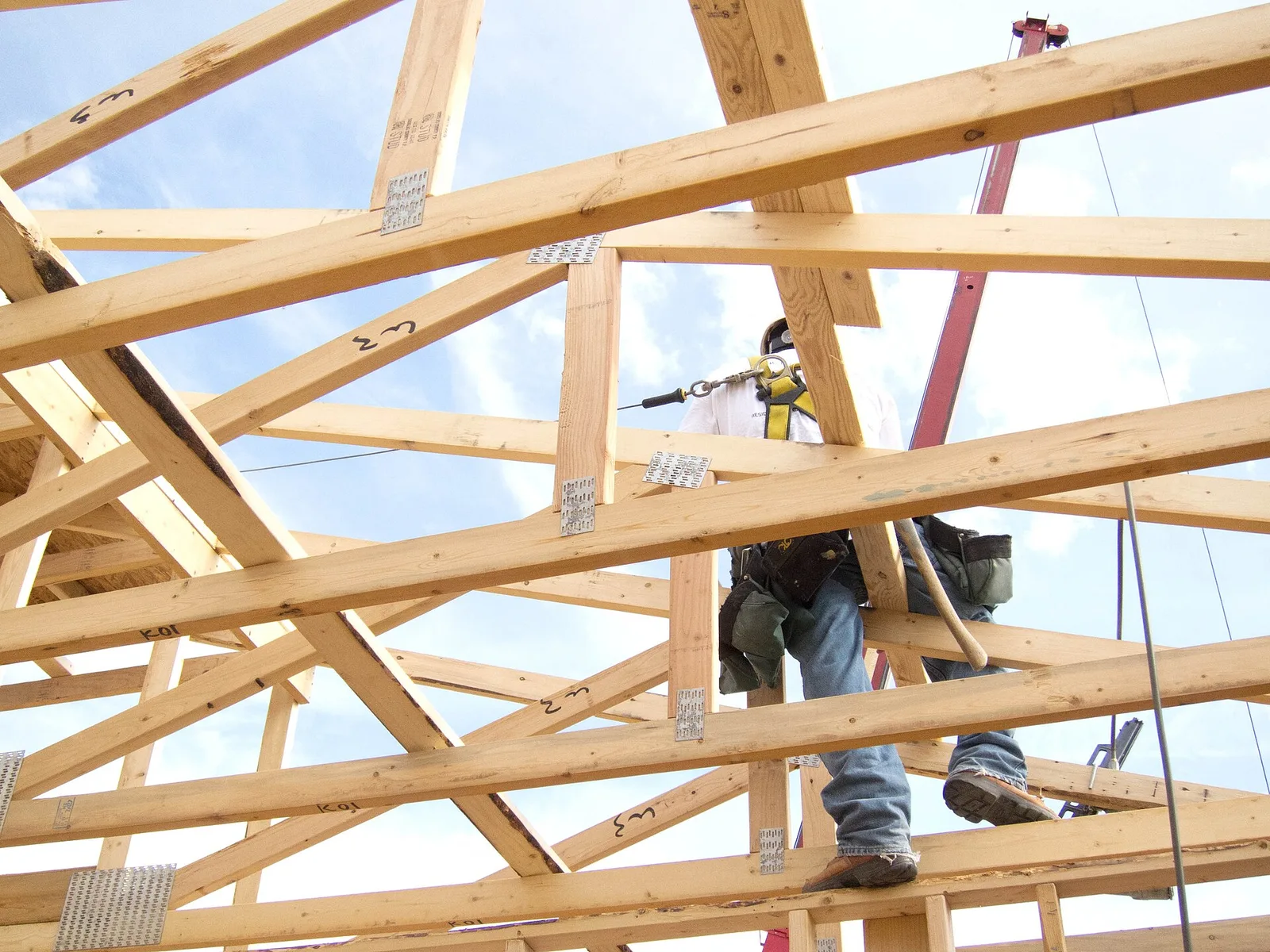 A carpenter frames the walls of a new house, wearing fall protection on the job site.