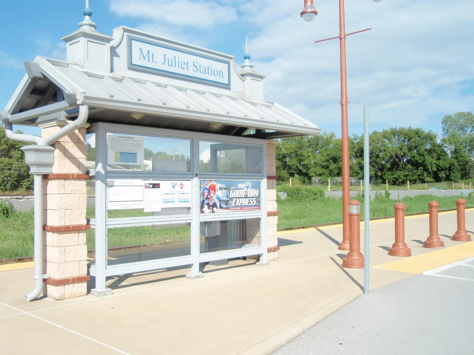 The covered platform shelter at Mt. Juliet Station, the city's stop on the commuter train to downtown Nashville.