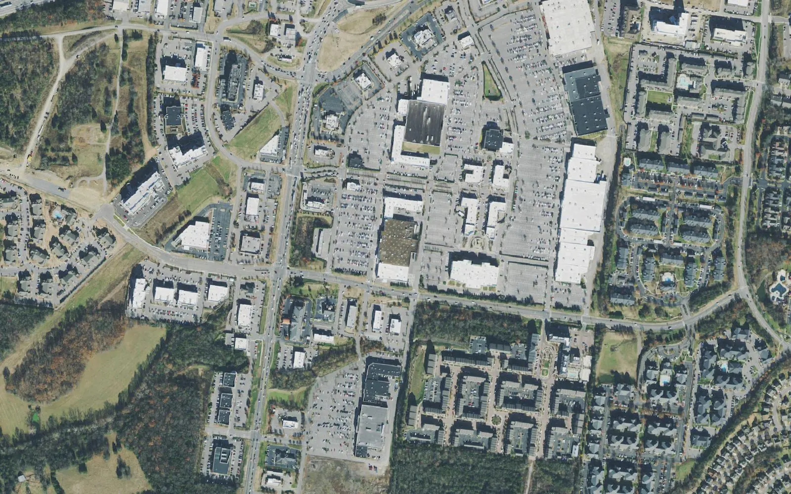 Aerial view of the Providence shopping district on South Mt. Juliet Road, with Providence Parkway crossing below the stores and apartments to the east.