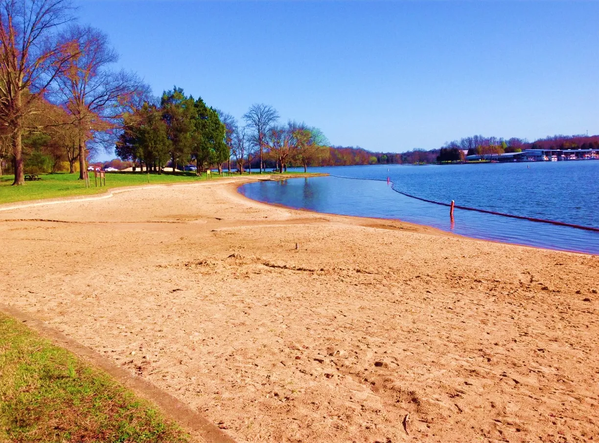 The sand beach and roped swimming area at Cedar Creek Park on Old Hickory Lake in Mount Juliet.