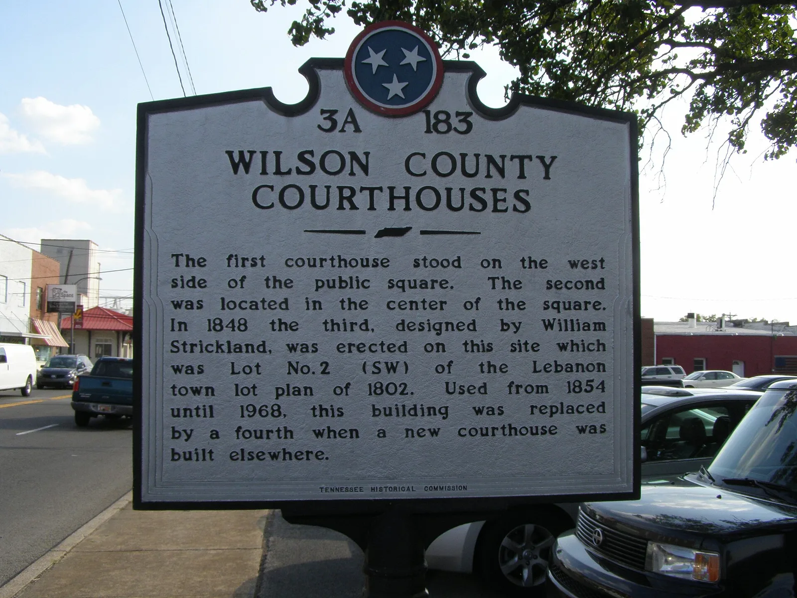 A Tennessee Historical Commission marker on the Wilson County courthouses beside the public square in Lebanon.