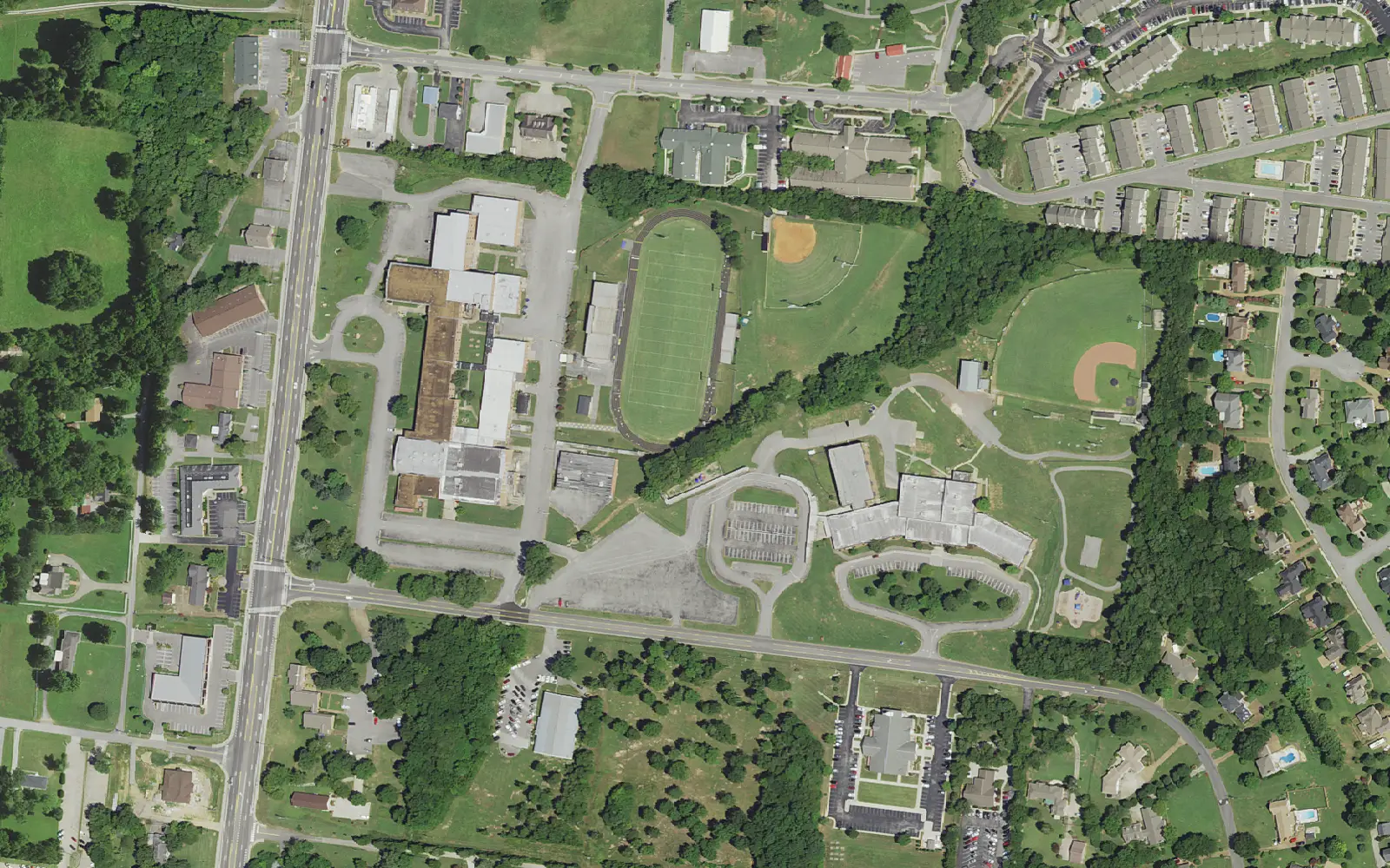 Mt. Juliet Middle School and Elzie D. Patton Elementary School, neighboring campuses off North Mt. Juliet Road, seen from the air.