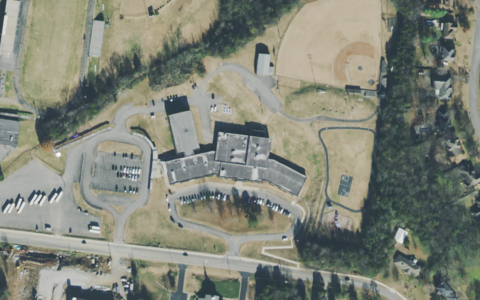 Elzie D. Patton Elementary School's building, playground and ball fields off Woodridge Place in Mount Juliet, seen from the air.