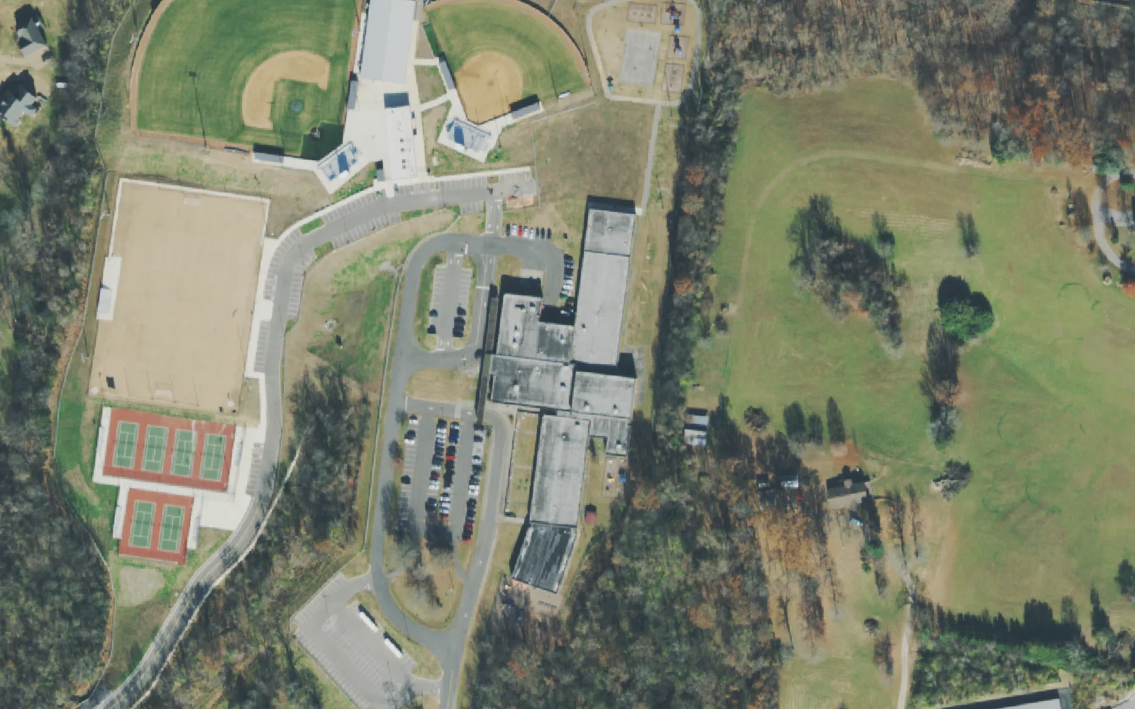 W.A. Wright Elementary School's building off Market Place in Mount Juliet and the ball fields beside it, seen from the air.