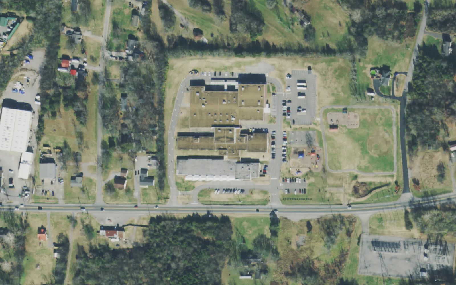 West Elementary School's building, playground and parking lots off Lebanon Road in Mount Juliet, seen from the air.