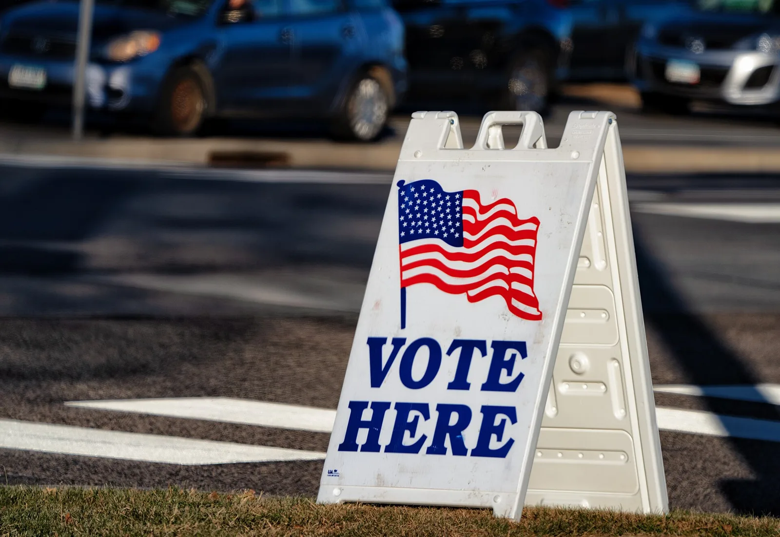 A "Vote Here" sign outside a polling place on Election Day.